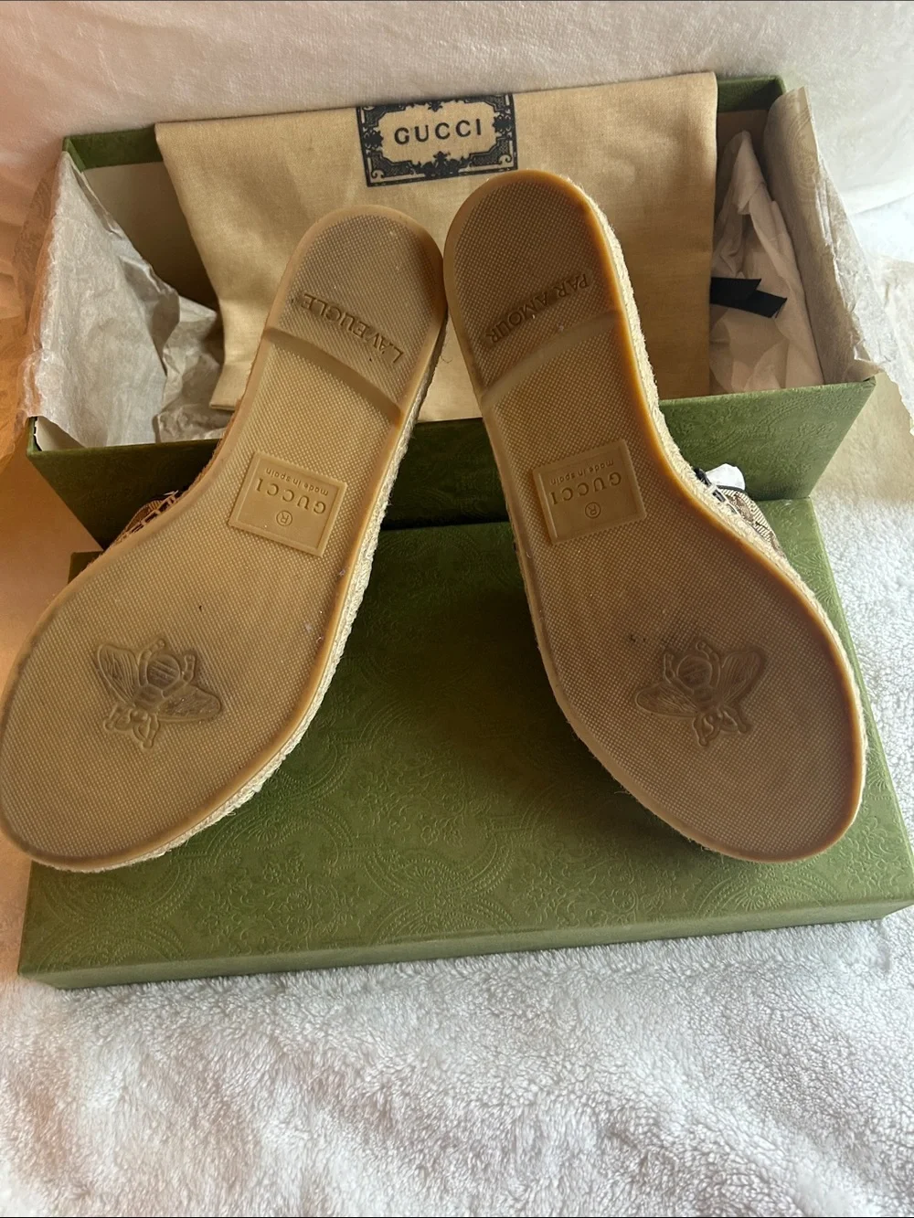Gucci Beige GG Canvas Espadrille Slides with Gold Double G. Only worn twice! - Picture 2 of 5